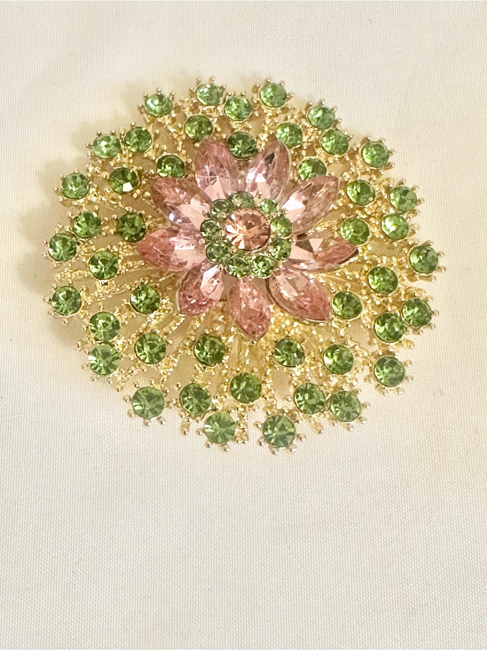 Gold-Tone Pink & Green Acrylic & Crystal Floral Brooch